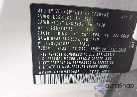 2013 Volkswagen Tiguan Se из США, поврежденный, VIN WVGBV3AX9DW590687